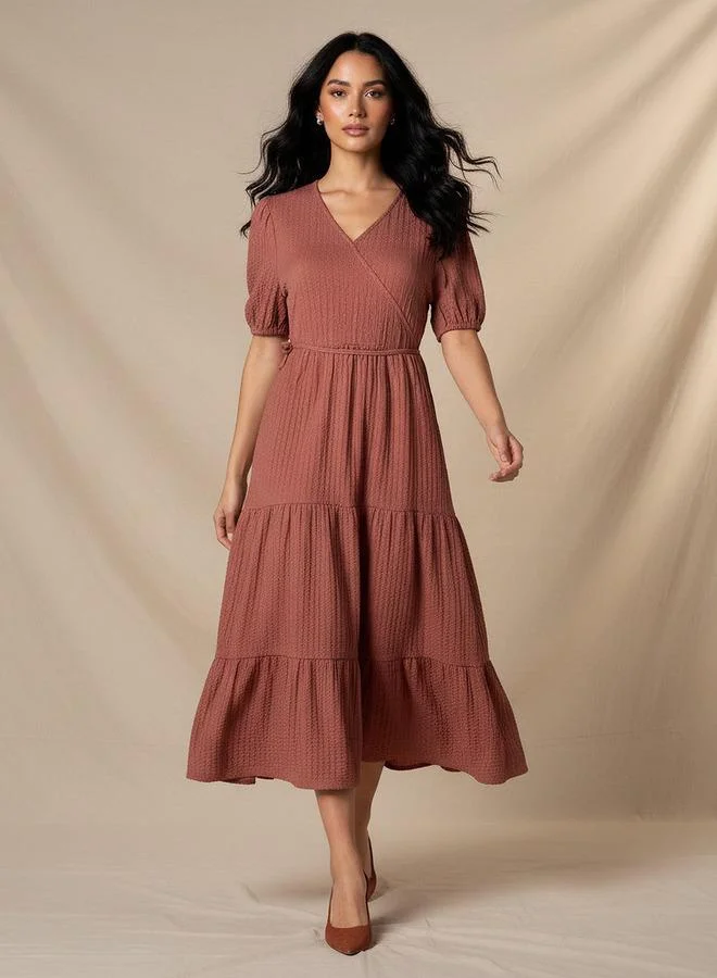 Splash FAV Midi Textured Tiered Dress with Short Puff Sleeves